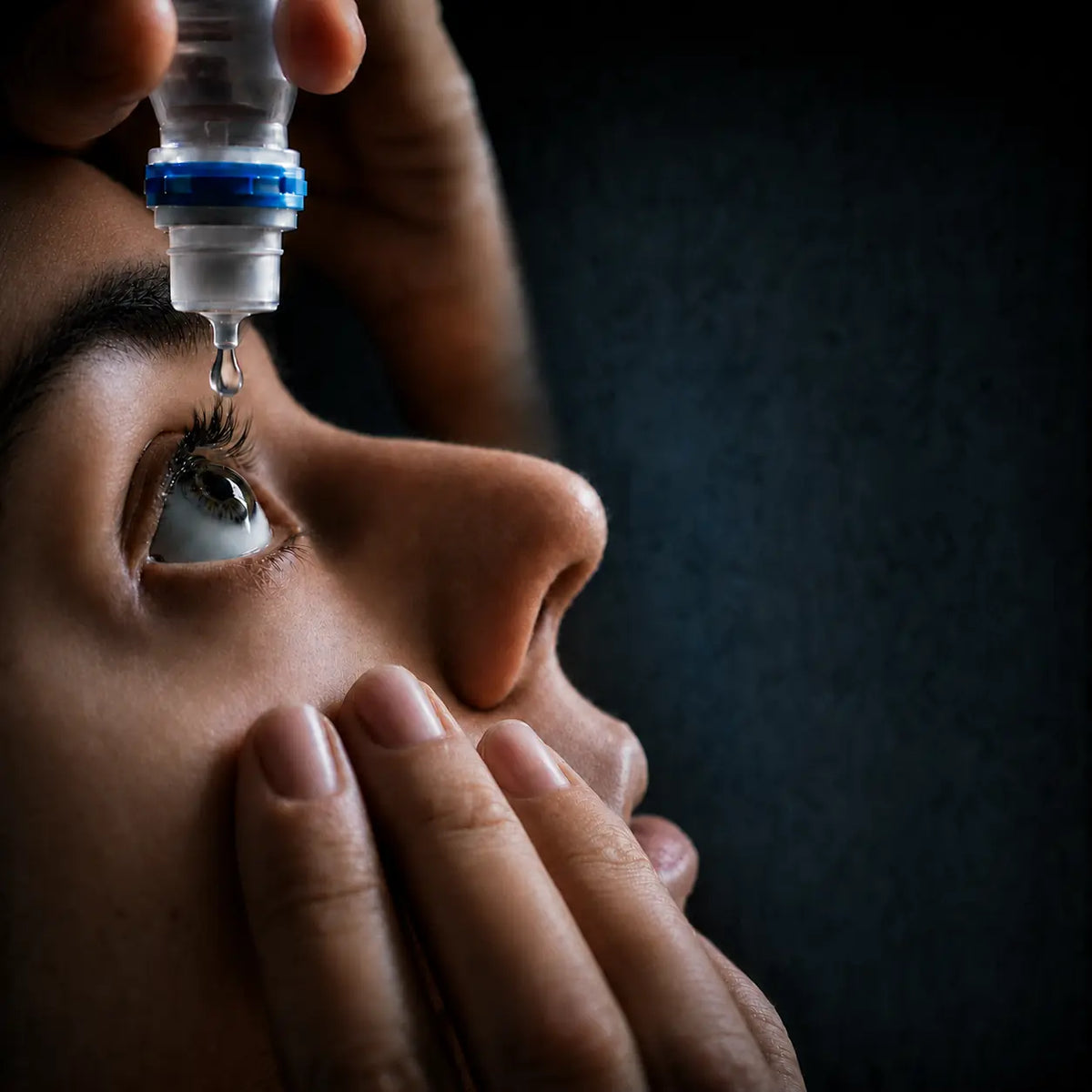A single eye drop hanging over a wide-open eye