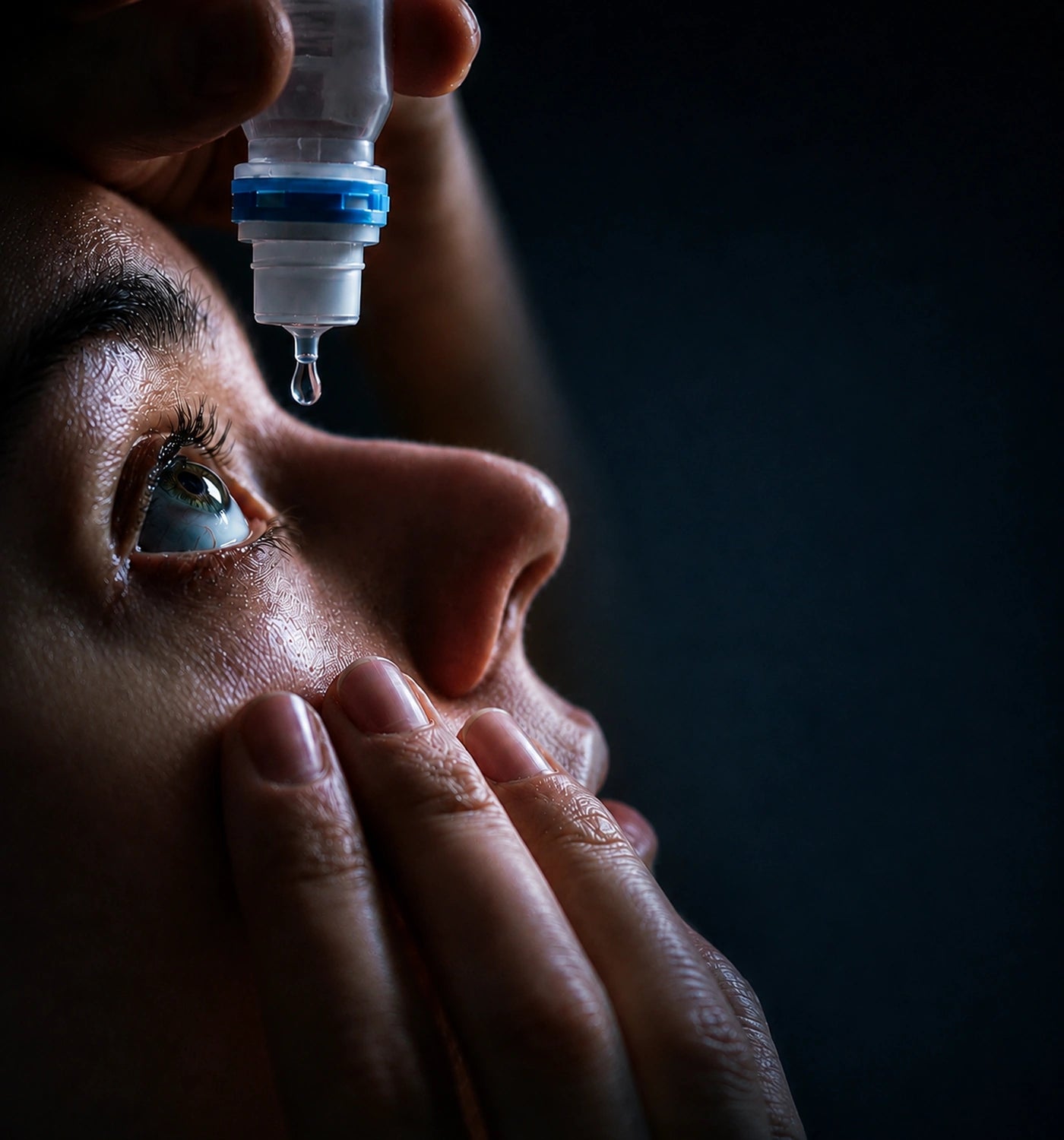 A single eye drop hanging over a wide-open eye