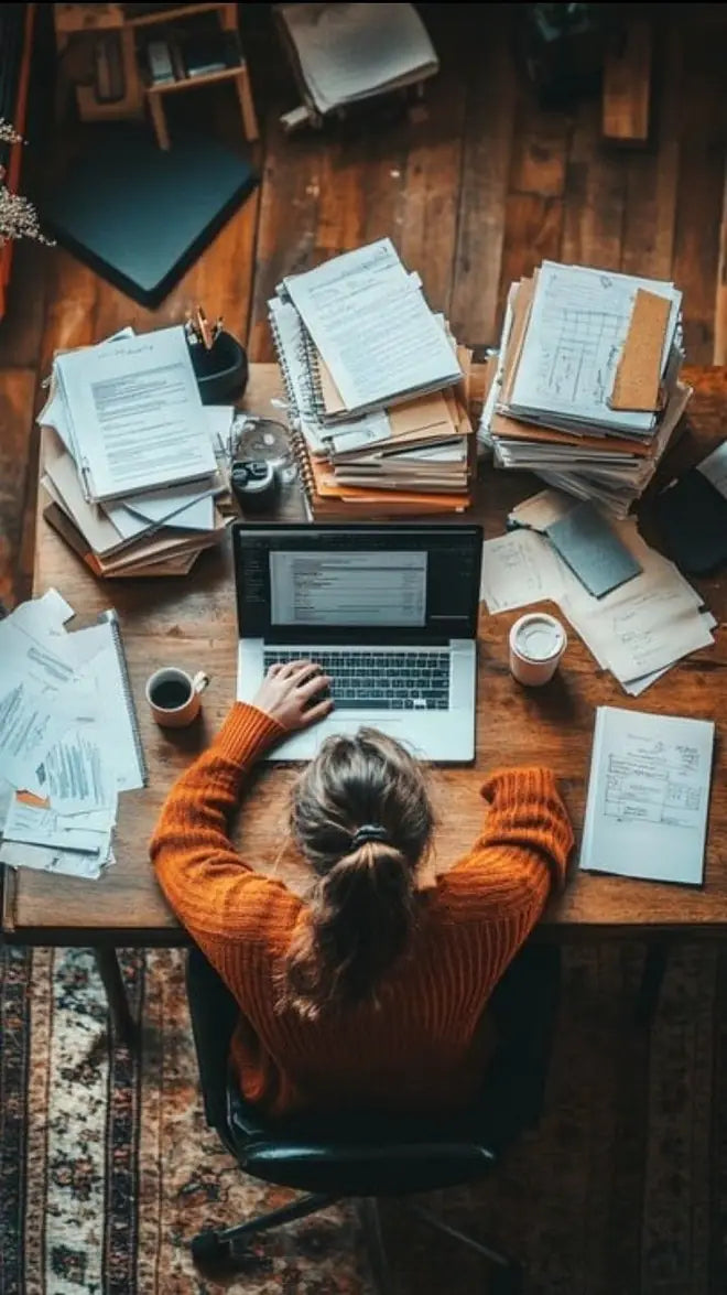 A woman focused at a cluttered desk, working on a laptop