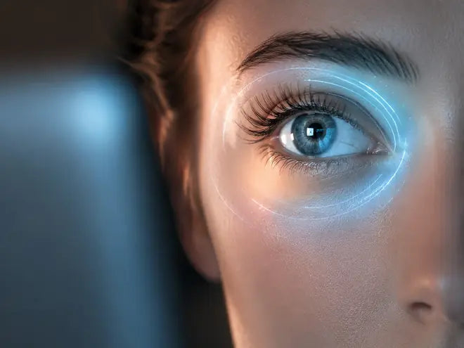 A close-up eye ringed with soft blue light, representing screen strain
