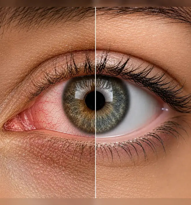 A close-up eye, red and irritated on one side, clear and calm on the other