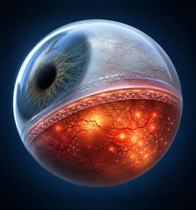 A cutaway of the eye showing its inner, inflamed layers